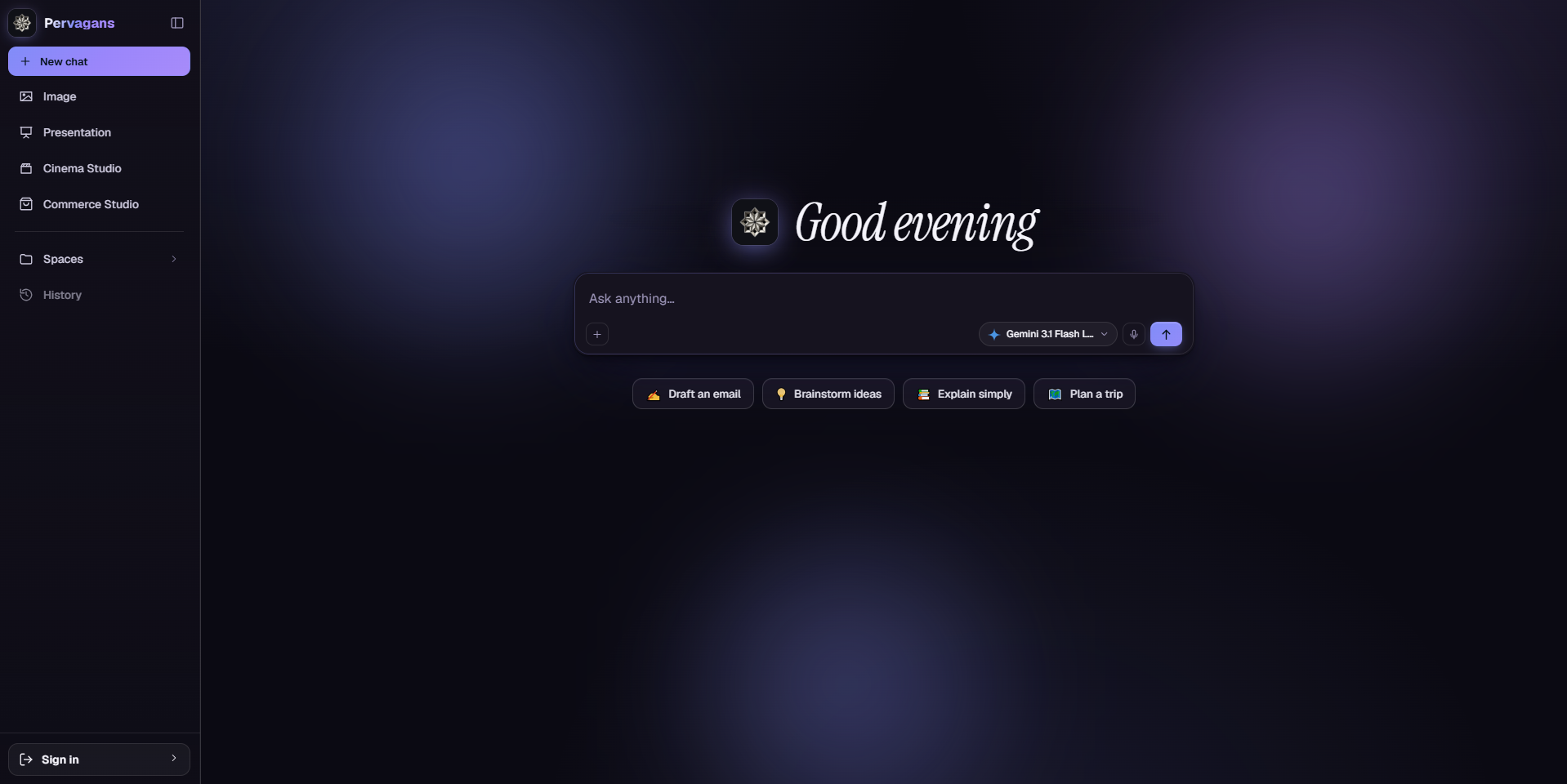 Pervagans home in dark theme — model picker and composer