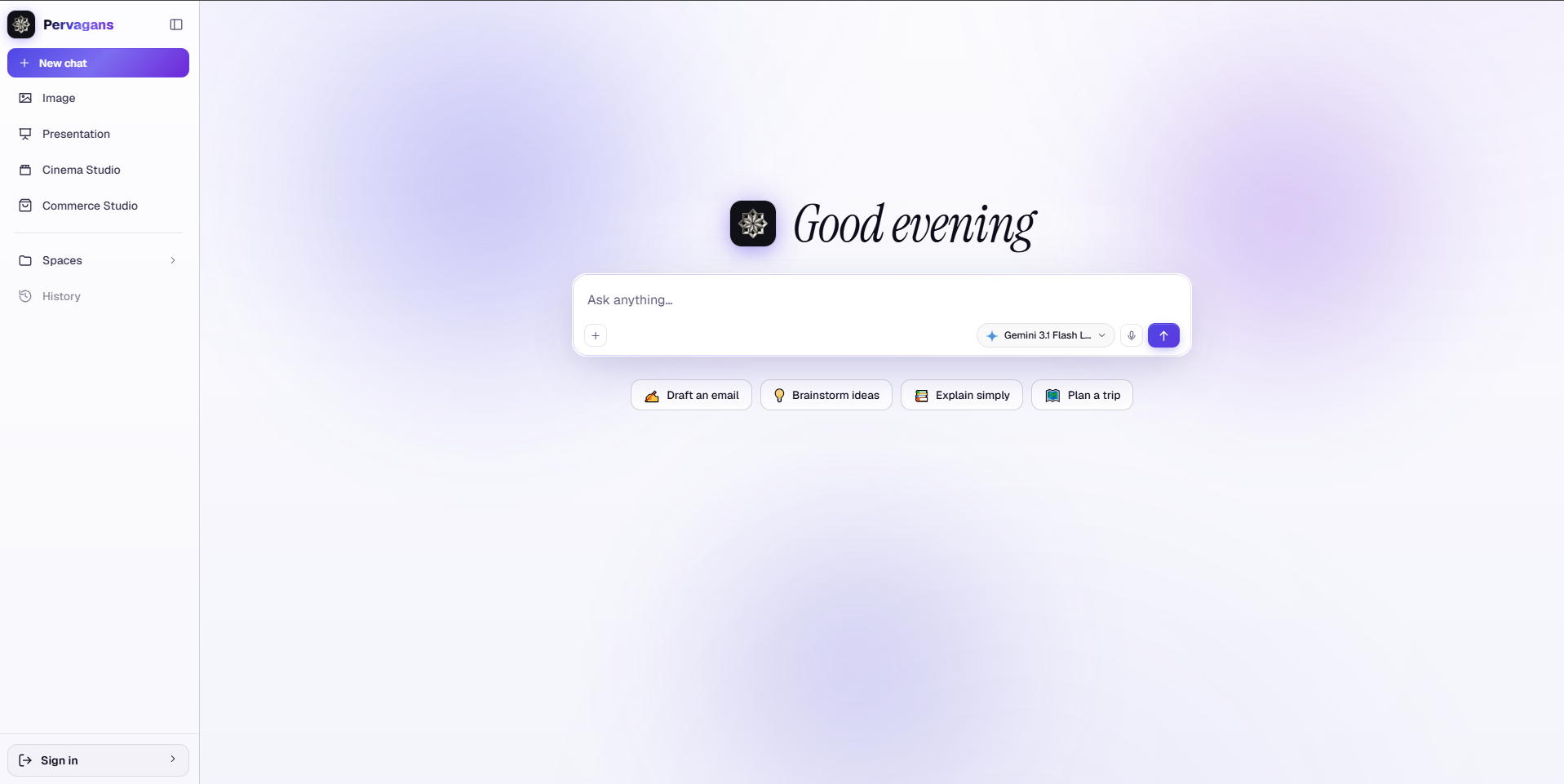 Pervagans home in light theme — model picker and composer